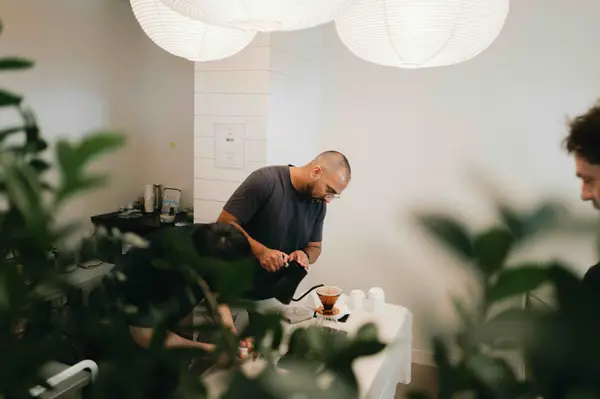 A pour-over coffee being made at the studio after class.